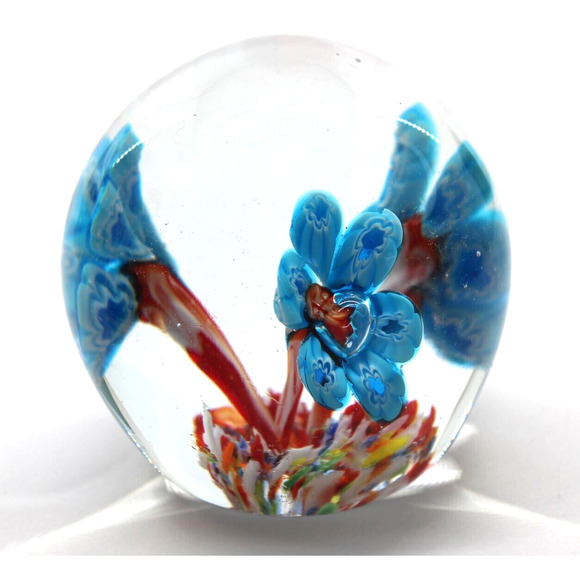 Hand Blown Glass Paper Weight • Three Detailed Blue Flowers Red Stem Multi Color - Picture 1 of 8